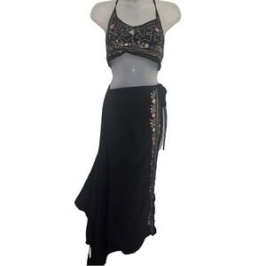 SLB Black Embroidered Halter Crop Top Wrap Maxi Skirt Set Women's Size 10